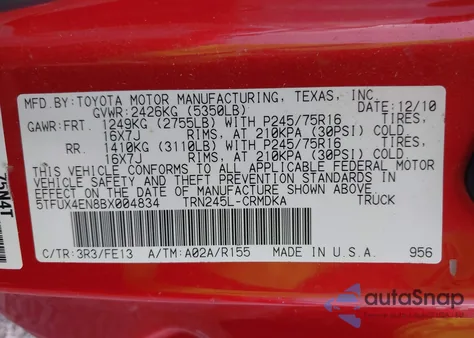 2011 Toyota Tacoma from USA, damaged, VIN 5TFUX4EN8BX004834